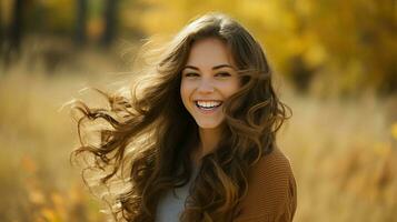 un joven mujer con largo marrón pelo sonrisas en naturaleza foto