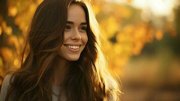 un joven mujer con largo marrón pelo sonrisas en naturaleza foto