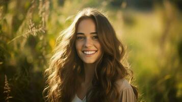 a young woman with long brown hair smiles in nature photo