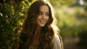 a young woman with long brown hair smiles in nature photo