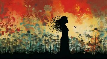 abstract floral silhouette against ornate meadow backdrop photo