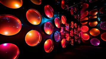 abstract glowing circles illuminate dark nightclub walls photo