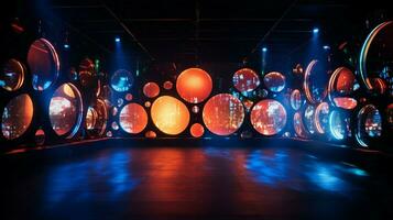 abstract glowing circles illuminate dark nightclub walls photo