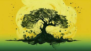 abstract nature green tree silhouette on yellow backdrop photo