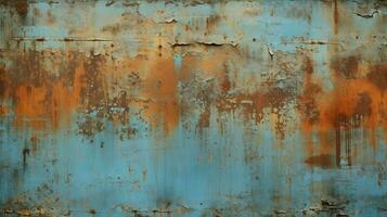 abstract rusty metal wall with stained blue paint photo