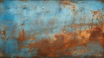 abstract rusty metal wall with stained blue paint photo