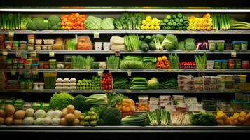 abundance of fresh groceries in supermarket shelves photo