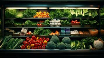 abundance of fresh groceries in supermarket shelves photo