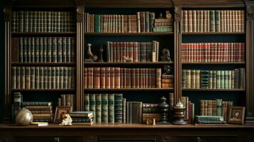 abundante colección de antiguo libros en de madera estantería foto