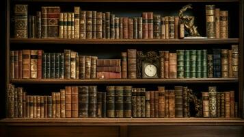 abundant collection of antique books on wooden shelves photo