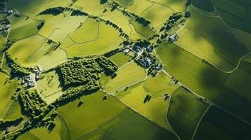 aerial view of a high angle farm landscape green meadows photo