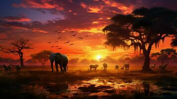 africa savannah at sunset animals graze ancient trees photo