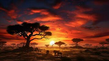 africa savannah at sunset animals graze ancient trees photo