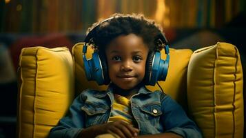 african child sitting indoors listening to headphones photo