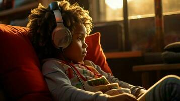 african child sitting indoors listening to headphones photo