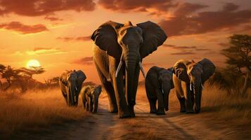 african elephant herd walking at sunset in nature photo