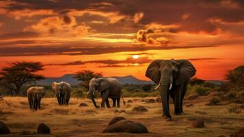 africano elefante manada pasto en tranquilo sabana más salvaje foto