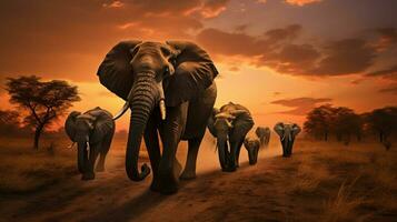 african elephant herd walking at sunset in nature photo