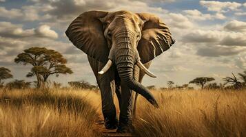 african elephant walking through tranquil savannah grass photo