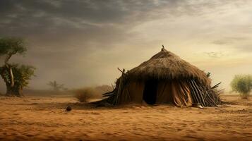 african hut in rural scene surrounded by sand photo