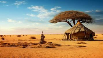 african hut in rural scene surrounded by sand photo