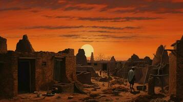 african sunset illuminates ancient architecture in poverty photo