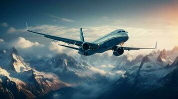 airplane flying over mountain range at high speed photo