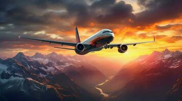 airplane flying over mountain range at sunset photo