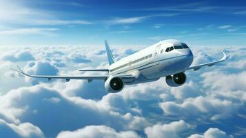 airplane flying over vibrant blue sky and clouds photo