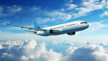 airplane flying over vibrant blue sky and clouds photo