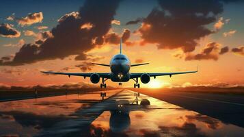 airplane taking off at sunset scene photo