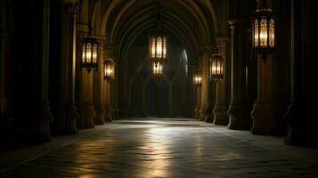 ancient lantern illuminates historic catholic hallway photo