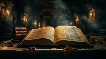 ancient bible illuminates dark library with wisdom photo