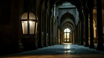 ancient lantern illuminates historic catholic hallway photo