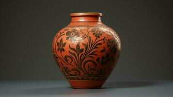 ancient terracotta jar with ornate floral pattern photo