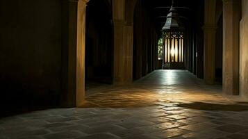 ancient lantern illuminates historic catholic hallway photo