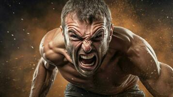 angry male athlete punching with determination and aggres photo