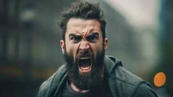 angry young adult with beard and aggression photo