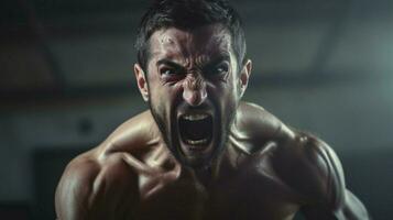 angry male athlete punching with determination and aggres photo