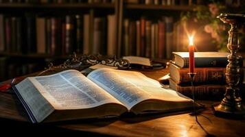 antique bible on wooden table reading christian text photo