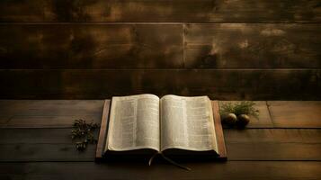 antique bible on wooden table reading christian text photo