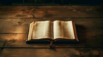 antique bible on wooden table reading christian text photo