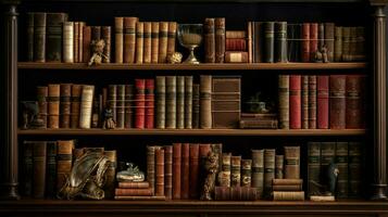 antique book collection on old fashioned bookshelf photo