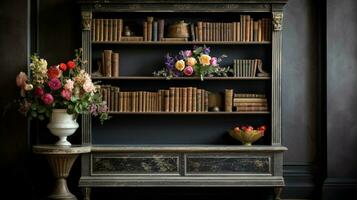 antique bookshelf with vase of flowers in modern living photo