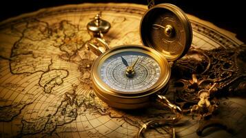 antique compass map and quill pen treasure photo