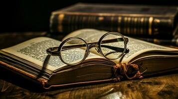 antique eyeglasses on old book wisdom preserved photo