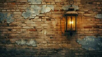 antique lantern illuminates rustic brick wall photo