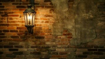 antique lantern illuminates rustic brick wall photo