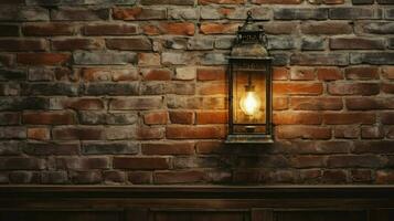 antique lantern illuminates rustic brick wall photo