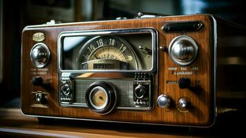 antique radio with shiny knob broadcasts nostalgia photo